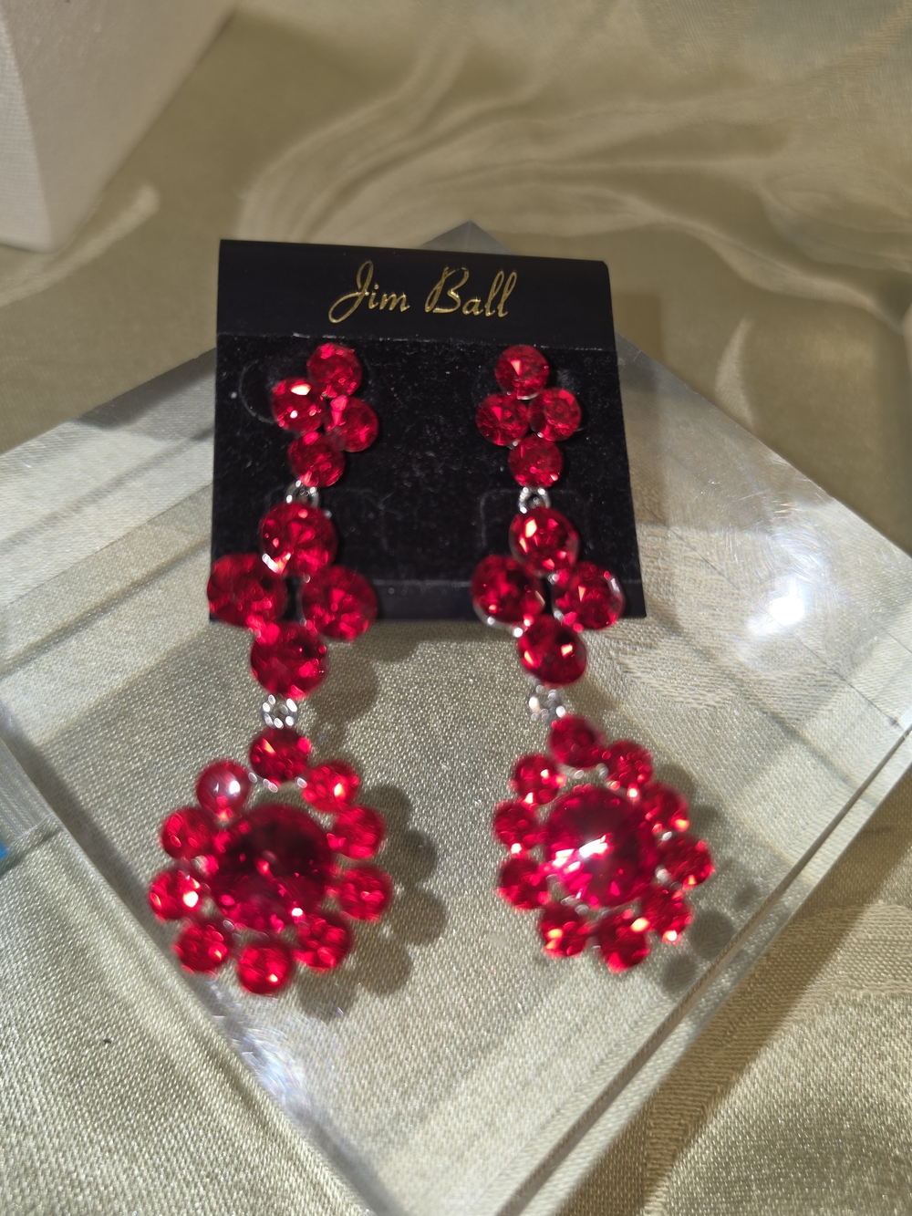 #1372 Jim Ball Red Swarovski Crystal Floral Drop Earrings